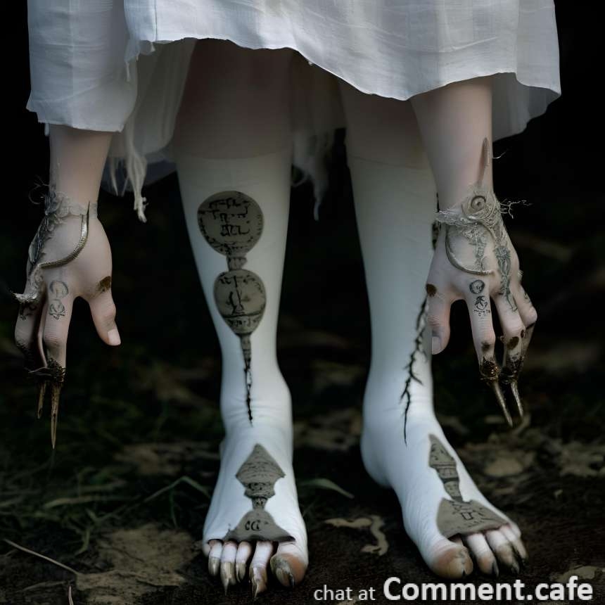 An enchantress with hooves, pale legs have white goat hooves, covered in sigils and symbols, c...jpg