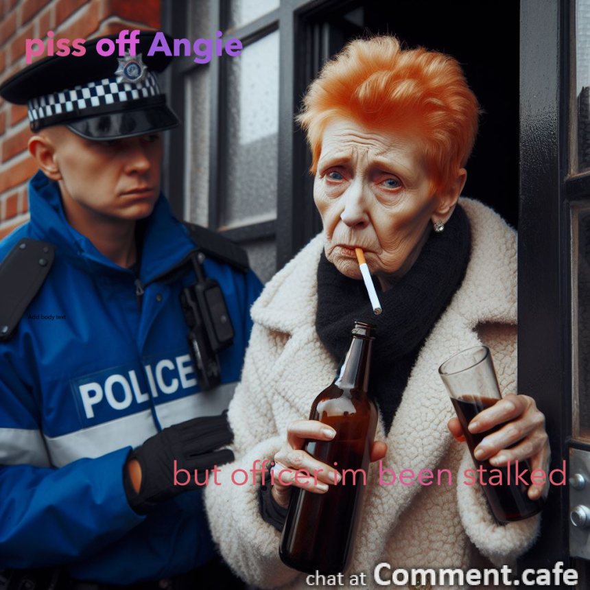 ginger cropped hair old woman crone bottles ,cigarettes outside police station with policeman.png