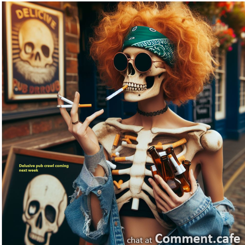 ginger curly short haired  woman skeleton with bandana wearing broken sunglasses  bottles ,ci.png