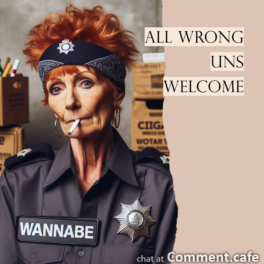 ginger short cropped haired old crone woman with bandana wearing a wannabe police uniform wit 1.png