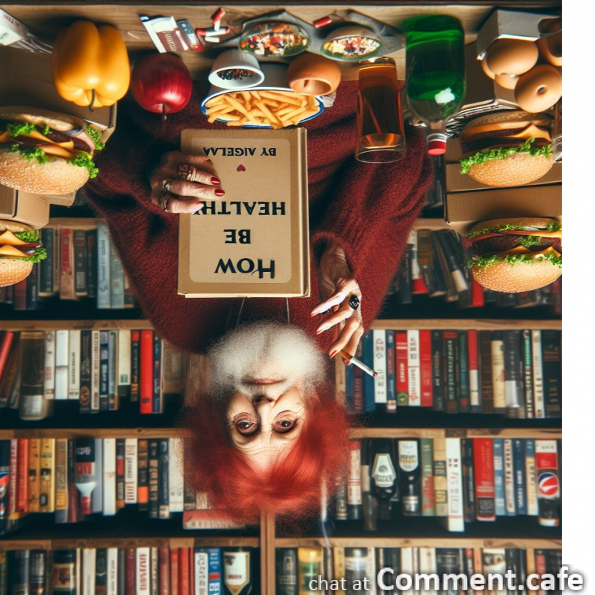 old  red haired woman crone in book store surrounded with burgers cigarettes and bottles with.png