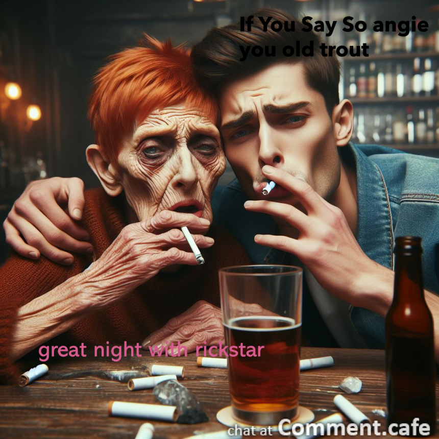 short haired ginger woman drunk wrinkled with glass bottles cigarettes in a bar with a  white.png