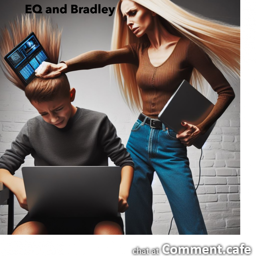 tall thin long blonde hair woman hitting a young  small lad with a laptop on head with banner.png